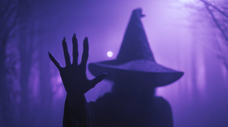 A mysterious figure wearing a large witch hat stands in a fog filled forest. The scene is illuminated by purple light creating an eerie atmosphere. The figure's hand is raised.の素材