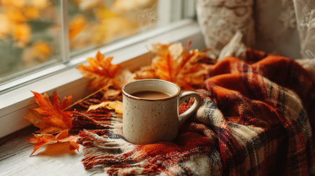 A mug of coffee is sitting on a blanket with autumn leaves on it. Concept of warmth and comfort, as the coffee and blanket provide a cozy atmosphere. The autumn leaves add a touch of natureの素材
