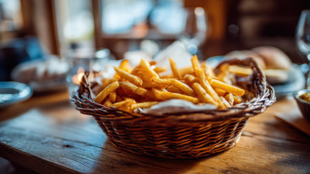 A basket of French fries sits on a wooden table. The basket is filled with fries and is placed in the center of the tableの素材