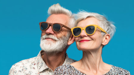 A man and a woman are wearing sunglasses and smiling at the camera. The man is wearing a brown shirt and the woman is wearing a yellow shirtの素材