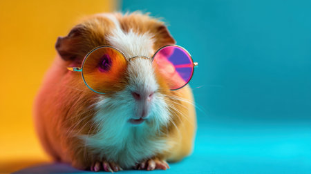 A small brown and white guinea pig wearing sunglasses. The image has a playful and lighthearted mood, as the guinea pig is dressed up in sunglasses and he is posing for a photoの素材