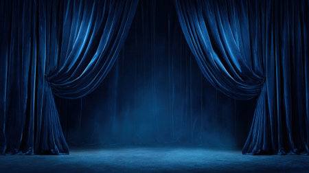 A blue curtain with a stage set behind it. The curtain is open, revealing a stage with no performers. Scene is mysterious and dramatic, as if something is about to happen on the stageの素材