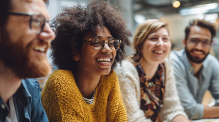A group of people are smiling and laughing together. One woman is wearing glasses and has her mouth openの素材