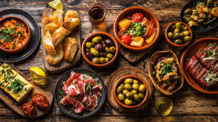 A variety of colorful Mediterranean dishes are served on a rustic wooden table. The spread includes olives bread grilled meats and vegetables creating a festive atmosphere for sharing.の素材