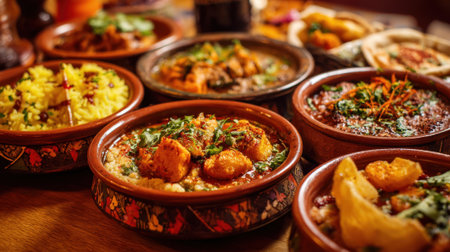 A table full of food with a variety of dishes including rice, soup, and meat. The table is set for a meal and the dishes are arranged in bowlsの素材