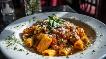 A plate of pasta with a generous amount of cheese and basil on top. The dish looks delicious and invitingの素材