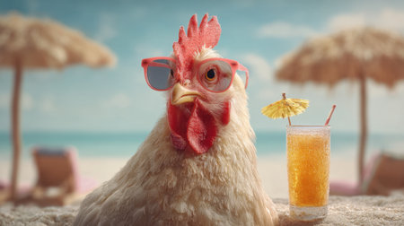 A chicken is sitting on the beach with a glass of iced tea and sunglasses on its headの素材