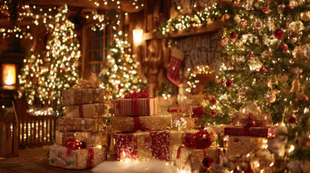A room full of Christmas trees and presents with a warm and festive mood. The room is decorated with lights and the presents are piled up, creating a cozy and inviting atmosphereの素材