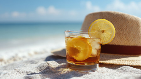 A glass filled with iced tea and lemon slices rests on the warm sand. Beside it lies a straw hat creating a perfect summer scene by the calm sea and blue sky.の素材