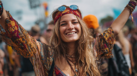 A woman with long blonde hair and a colorful outfit is smiling and holding her arms up in the air. She is surrounded by a crowd of people, some of whom are also smilingの素材