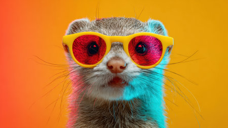 A small animal with yellow sunglasses on its face. The sunglasses are red and the animal is standing on a yellow backgroundの素材