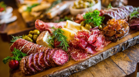 A wooden board with a variety of meats and cheeses on it. The board is placed on a tableの素材