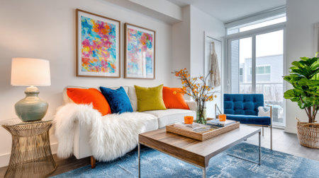 A cozy living room featuring a white sofa adorned with colorful pillows. Bright artwork hangs on the walls adding vibrancy. Natural light illuminates the space.の素材