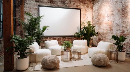 A white room with a white screen and a bunch of plants. The room is decorated with white furniture and has a cozy and inviting atmosphereの素材