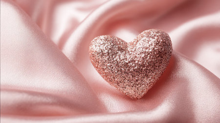 A heart made of glitter sits on a pink fabric. The heart is surrounded by a pink background, which gives the image a romantic and sentimental feel. The glitter on the heart adds a touch of sparkleの素材