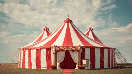 A large striped tent in red and white is set up in a grassy field. It has three peaks and a welcoming entrance. The sky is bright with fluffy clouds. Perfect for a festive occasion.の素材