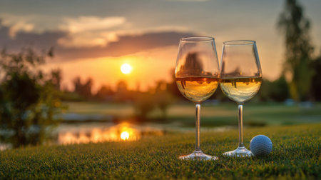 Two wine glasses are on a grassy field with a golf ball nearby. The scene is serene and peaceful, with the sun setting in the backgroundの素材