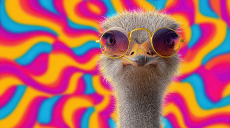 A colorful background with a bird wearing sunglasses. The bird is looking at the camera with a smileの素材