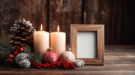 A wooden frame with two candles and two red and gold balls sits on a table. The candles are lit and the balls are shiny. The scene is festive and warm, with a cozy and inviting atmosphereの素材