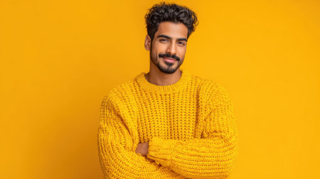 A man in a yellow sweater is smiling and looking at the camera. The bright yellow color of the sweater and the yellow background create a cheerful and warm moodの素材