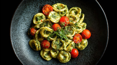 A bowl holds freshly cooked tortellini mixed with vibrant cherry tomatoes and rich green pesto creating a colorful and appetizing dish. The setting is inviting and warm.の素材