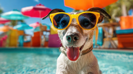 A playful dog wearing bright yellow sunglasses relaxes by the pool on a sunny day. Colorful umbrellas create a fun vibrant atmosphere around the area.の素材