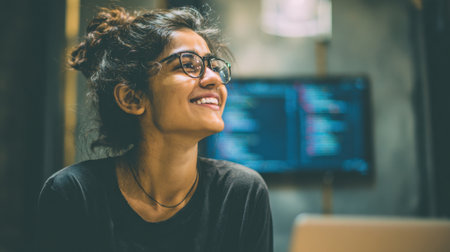 A woman with glasses is smiling and looking at a computer screen. She is wearing a black shirt and she is focused on her workの素材