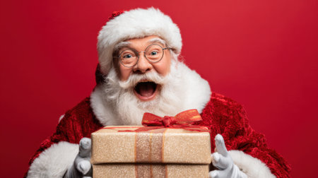 A joyful Santa Claus with a fluffy white beard and glasses is smiling widely while holding a beautifully wrapped gift box. The scene captures the spirit of Christmas and celebration.の素材
