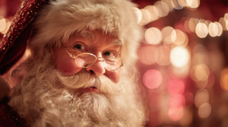 Santa Claus is smiling warmly surrounded by colorful festive decorations during the Christmas season. The atmosphere is filled with joy and holiday spirit creating a magical scene.の素材