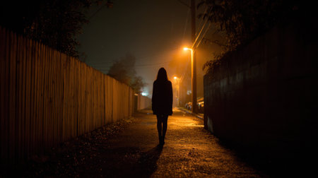 A woman walks down a dark street at night. The street is empty and quiet, with only the sound of her footsteps echoing in the darkness. The scene is eerie and unsettlingの素材