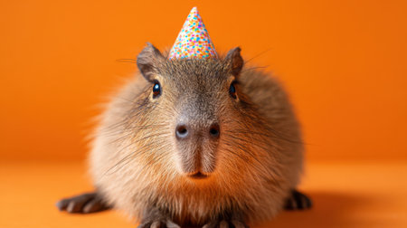 A playful capybara with fluffy fur looks curiously at the camera while wearing a colorful party hat. The bright orange background adds to the festive mood around it.の素材