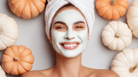 A woman enjoys a spa day with a pumpkin facial mask on her face. She is smiling happily as she lies among decorative pumpkins creating a festive and relaxing atmosphere.の素材