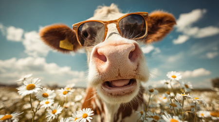 A cow wearing sunglasses and standing in a field of flowers. The cow's eyes are closed, and it has a smile on its face. The scene is bright and cheerful, with the cow looking happy and relaxedの素材