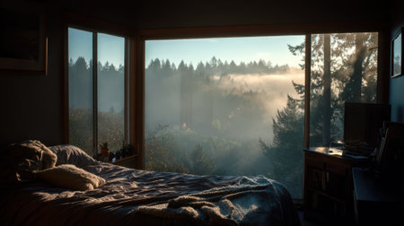 A bedroom with a large window overlooking a forest. The room is dimly lit, and the bed is covered in a blanketの素材