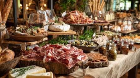 A vibrant food market displays an array of artisan meats cheese and other local delicacies. Fresh ingredients are artfully arranged on wooden tables inviting visitors to explore.の素材