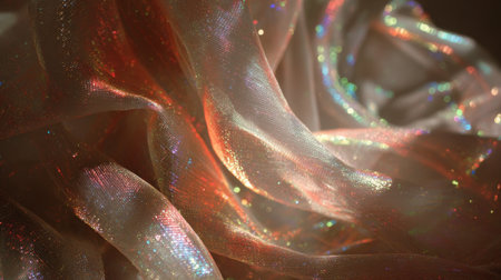 Delicate fabric shimmers with iridescent hues as it catches soft natural light. The gentle folds create an elegant flow enhancing its captivating beauty and texture.の素材