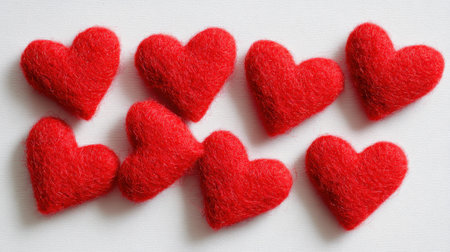 Bright red felt hearts are arranged neatly on a plain white background. These soft decorations could be used for Valentine's Day or various craft projects adding a cheerful touch.の素材
