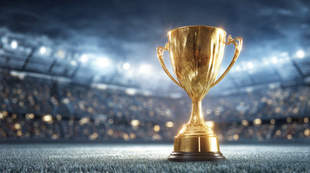 A gold cup sits on a field in front of a crowd of people. The cup is the winner of a competition, and the people are watching the event. Scene is celebratory and excitingの素材