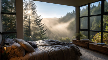 A bedroom with a large window overlooking a mountain. The sun is shining through the window, creating a warm and inviting atmosphere. The room is furnished with a bed, a couch, and a potted plantの素材