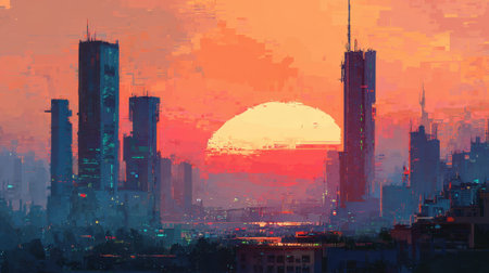A stunning sunset casts vivid hues over a modern city skyline. Tall buildings stand silhouetted against the large sun creating a beautiful evening scene.の素材