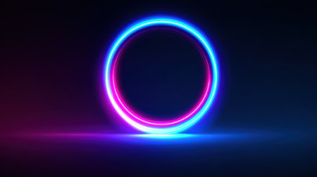 Bright neon lights form a circular shape on a dark backdrop showcasing a blend of blue and pink hues. This striking contrast enhances futuristic themes and artistic creations.の素材