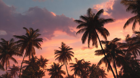 In this serene setting palm trees silhouette against a stunning sunset with vibrant pink and orange hues painting the sky creating a peaceful tropical atmosphere.の素材
