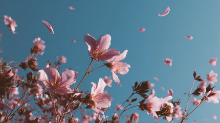 Cherry blossoms are in full bloom with delicate pink petals gently floating in the air. The bright blue sky adds a serene backdrop showing nature's beauty in spring.の素材