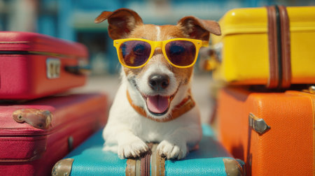 A small dog with a joyful expression wears bright yellow sunglasses and relaxes on stacked vintage luggage. The scene is cheerful suggesting an upcoming adventure in sunny weather.の素材