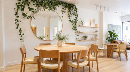 A large round dining table is surrounded by wooden chairs. The table is set with a vase of flowers and a bowl of fruit. The room is decorated with plants and has a warm, inviting atmosphereの素材