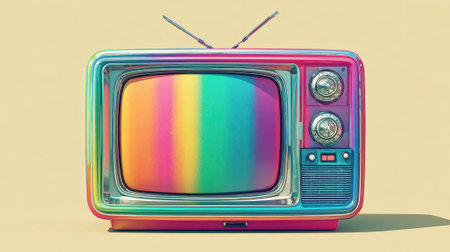 A vintage television set features a bold rainbow display. Located in a studio it adds a playful touch to the bright and colorful surroundings inspiring creativity and nostalgia.の素材