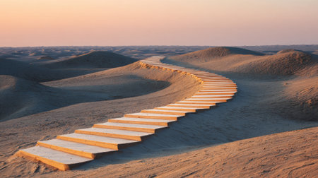 Wooden steps meander through soft sand dunes during sunset creating a peaceful pathway. The warm light highlights the gentle curves of the landscape inviting exploration.の素材