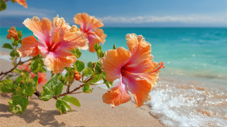 Bright orange and pink hibiscus flowers stand out against the sandy beach with gentle ocean waves lapping nearby. The clear sky adds to the tropical beauty of this serene scene.の素材