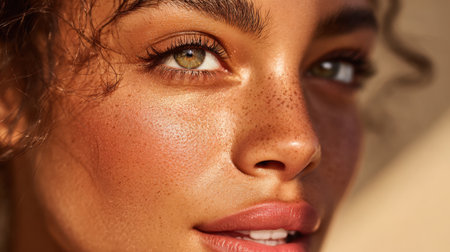 A woman with glowing skin and curly hair gazes into the distance soft sunlight accentuates her features. She smiles gently reflecting warmth and positivity in a calm outdoor location.の素材