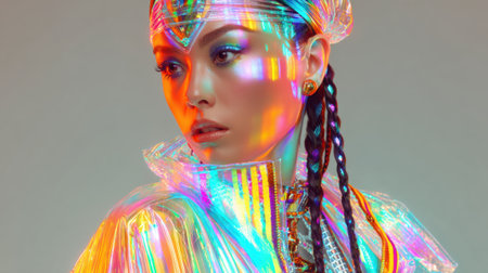 A fashion model poses with a striking holographic jacket reflecting rainbow colors. Her braided hair and unique accessories complement the stunning outfit in a bright studio.の素材